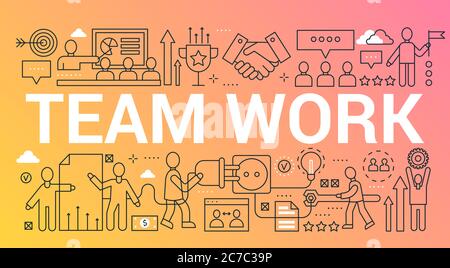 Team work word trendy composition concept banner. Outline stroke teamwork, creative group, community office. Flat line icons lettering typography Stock Vector