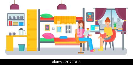 Male and female students in university college dormitory room flat vector illustration Stock Vector