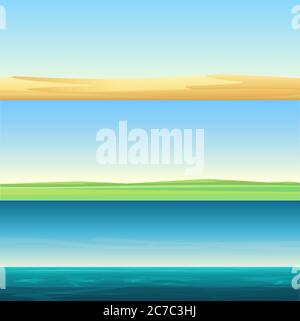 Beautiful minimalistic horizontal banners landscapes of sand desert, meadow rural field and sea ocean background set vector illustration Stock Vector
