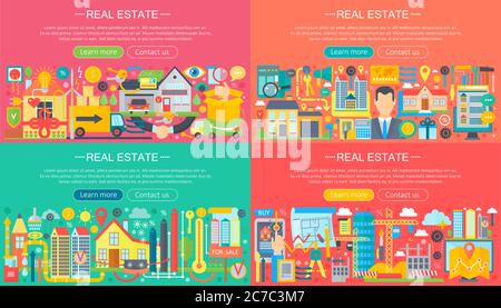 Real estate horisontal banners concept set with sale and rental market apartment flat icons vector illustration Stock Vector