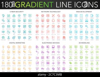 180 trendy gradient vector thin line icons set of cyber security, network technology, web development, digital marketing, electronic devices, 3d modeling icon Stock Vector