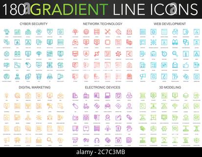 180 trendy gradient vector thin line icons set of cyber security, network technology, web development, digital marketing, electronic devices, 3d modeling icon Stock Vector