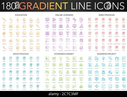 180 trendy gradient vector thin line icons set of education, online learning, brain mind process, business project, economics market icon Stock Vector
