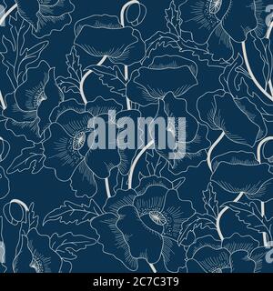 Seamless elegant floral pattern with poppies on dark blue background. Hand drawn. Flower ornament can be used for ceramic tile, web page background Stock Vector