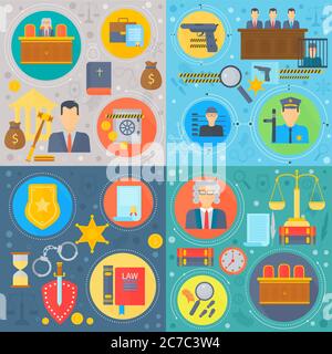 Law and justice square concepts set. Legal services, judge, crime investigation, lawyer flat vector design vector illustrations Stock Vector