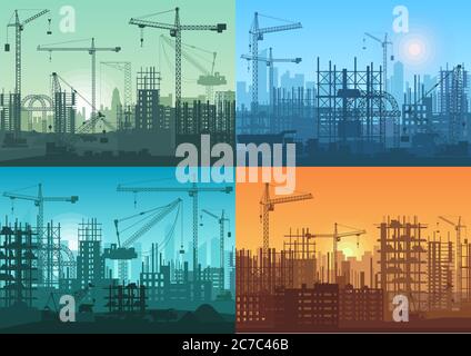 Morning sunrise, sunset building constructions background set. Industrial building process under construction Stock Vector