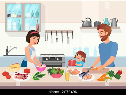 Happy young family cooking. Father, mother and daughter kid cook dishes in kitchen cartoon vector illustration Stock Vector