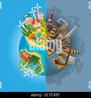 Save the panet concept. Cartoon globe divided into two halves of clean ecology and dirty pulluted. Eco Earth protection vector illustration Stock Vector