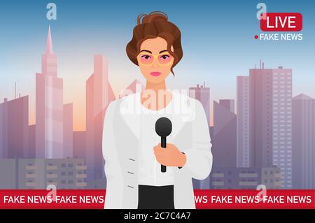 Anchorman pretty woman on city background. Media tv broadcast news. Fake Breaking News concept vector illustration Stock Vector