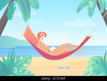 Reading young man on hammock vector flat gradient illustration Stock Vector