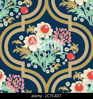 Seamless vector vintage pattern with Victorian bouquet of colorful flowers on a dark background. Seamless floral wallpaper. Hand drawn floral pattern. Stock Vector