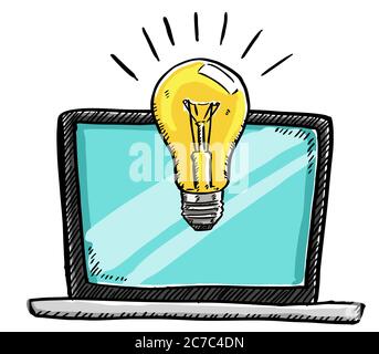 Cartoon style doodle of notebook with idea bulb - colored. Hand drawn doodle vector illustration Stock Vector