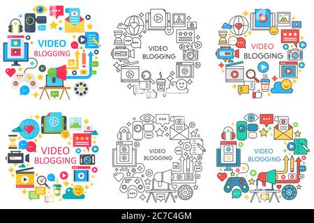 Online video blog design lie, flat, flat line round concepts set with media blogger icons isolated Stock Vector