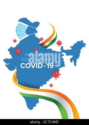Coronavirus fight poster. India will fight against Covid-19 social media post. Vector Illustrationindian, flag and map Stock Vector