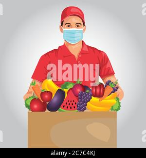 Delivery of goods during the prevention of coronovirus, Covid-19. Courier in a face mask with grocery box in his hands. Vector flat illustration. Stock Vector