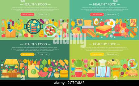 Set of trendy flat design concepts for food, cooking, restaurant. Concept icons for cooking, fruits and vegetables, restaurant and vegetarian food Stock Vector