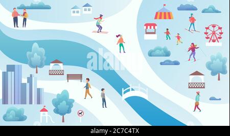 Winter city park top view map background with people doing various activities vector illustration Stock Vector