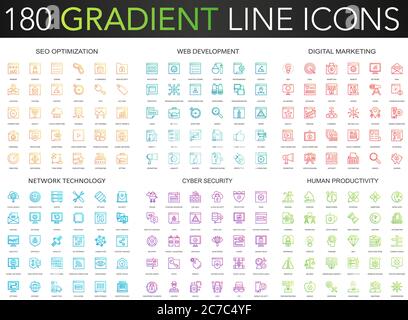 180 trendy gradient vector thin line icons set of seo optimization, web developm ent, digital marketing, network technology, cyber security, human productivity icon Stock Vector