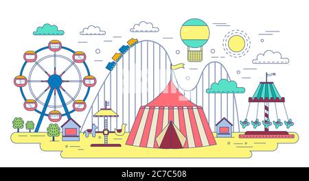 Flat line amusement circus park isolated on white background Stock Vector