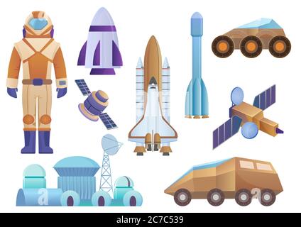 Spacecrafts, colony building, rocket, cosmonaut in space suit, sattelite and mars robot rover set. Vector galaxy space set isolated on the white background Stock Vector