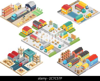 Warehouse isometric concept with workers, warehouse storage building, loading transport, delivery shipping boxes vector illustration Stock Vector