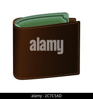 Leather purse brown. Green banknotes are visible in the purse. Logo or icon to pay for goods on the site. Stock Vector