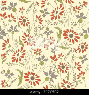 Seamless floral pattern in folk style with wildflowers, leaves. Hand drawn. Vector illustration Stock Vector