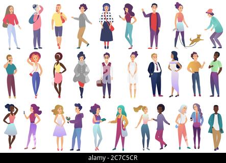 Fashion young people collection in stylish casual clothes gradient color style vector illustration. Man and woman activities set Stock Vector