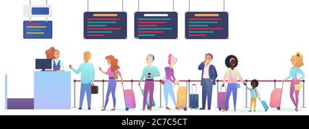 People with baggage waiting for airplane departure in airport. Man and woman standing in check-in flight registration queue vector illustration Stock Vector