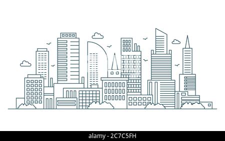 Line modern urban big city panorama. Outline stroke cityscape skyscrapers vector illustration Stock Vector