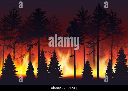 Forest fire realistic silhouette landscape vector illustration Stock Vector