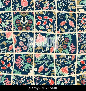 Seamless abstract colorful patchwork pattern from flowers in folk style. Vintage decorative elements. Hand drawn background in retro colors. Vector Stock Vector
