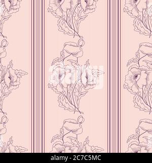 Seamless stripe pattern with poppies. Hand drawn. Vector illustration. Flower ornament can be used for wallpaper, textile, web page background. Stock Vector