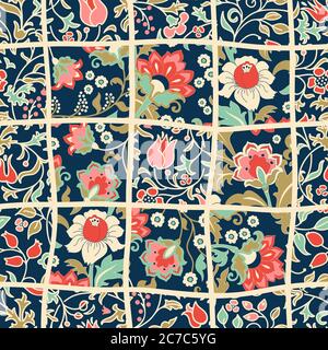 Seamless abstract colorful patchwork pattern from flowers in folk style. Vintage decorative elements. Hand drawn background in retro colors. Vector Stock Vector