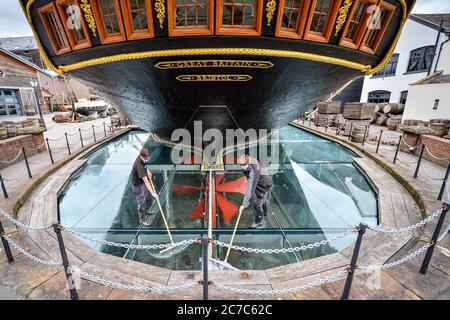 EDITORS NOTE IMAGE TAKEN WITH FISHEYE LENS Technical services staff clean the surface of the glass sea, which is a series of glass plates surrounding Brunell's SS Great Britain and filled with water to create a sea effect, as the attraction reopens on Saturday, July 18, marking the 50th anniversary of the ship’s return back home to Bristol, after the lifting of further coronavirus lockdown restrictions in England. Stock Photo