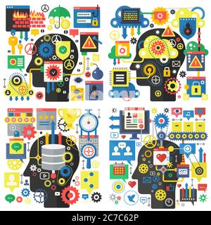 Infographic flat design head basic vector concept of creativity and research, social media, global network technology, online communication, computer protection and cyber security Stock Vector