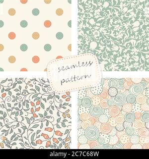 set of 4 vintage seamless colorful patterns in retro colors. Hand drawn. Vector illustration can be used for wallpaper, textile, web page background. Stock Vector