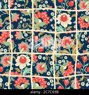 Seamless abstract colorful patchwork pattern from flowers in folk style. Vintage decorative elements. Hand drawn background in retro colors. Vector Stock Vector