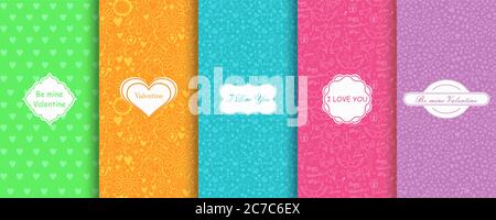 Set of Abstract seamless hand drawn patterns with hearts and flowers Template greeting card, invitation, website background. Cute Valentine cards. Stock Vector