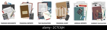 Concept accounting logo. Office business services. Isolated vector on white background. Icons: annual reports, currency tax, calculation, financial Stock Vector