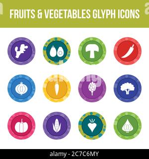 Unique fruits & vegetables vector glyph icon set Stock Vector