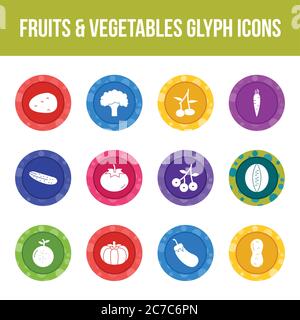 Unique fruits & vegetables vector glyph icon set Stock Vector