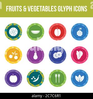 Unique fruits & vegetables vector glyph icon set Stock Vector