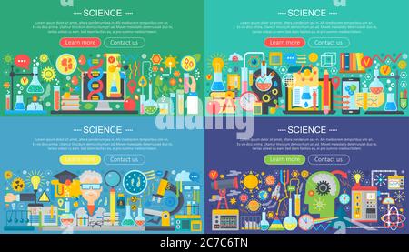 Science, education, online learning, smart ideas and research horisontal flat concept design horizontal banners set Stock Vector