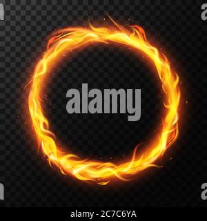 Realistic fire ring. Burning flame circle hoop, red flaming round light, circus fiery circle ring frame isolated vector illustration Stock Vector