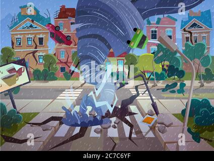 Swirling Tornado in village. Hurricane destroying houses and street. Natural disaster concept cartoon vector Illustration Stock Vector
