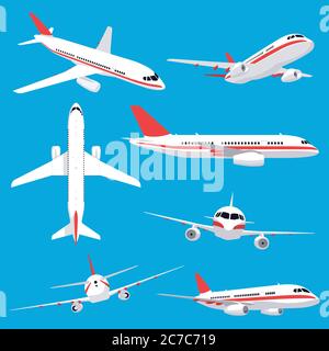 Aircraft transport. Passenger flight jet airplane, aviation vehicles, flying airline airplanes isolated vector illustration icons set Stock Vector