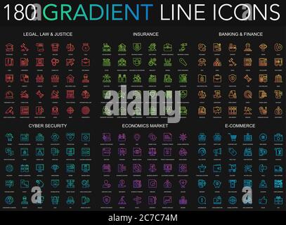 180 trendy gradient style thin line icons set of legal, laws and justice, insurance, banking finance, cyber security, economics market, e-commerce isolated on black background Stock Vector