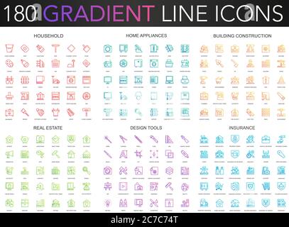180 trendy gradient vector thin line icons set of household, home appliances, building construction, real estate, design tools, insurance icon Stock Vector