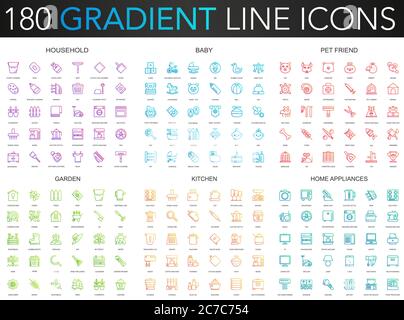 180 trendy gradient vector thin line icons set of household, baby, pet friend, garden, kitchen, home appliances icon Stock Vector